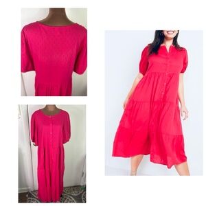 Old Navy women Sz M Clip-Dot Midi swing Dress buttoned pockets bright scarlet